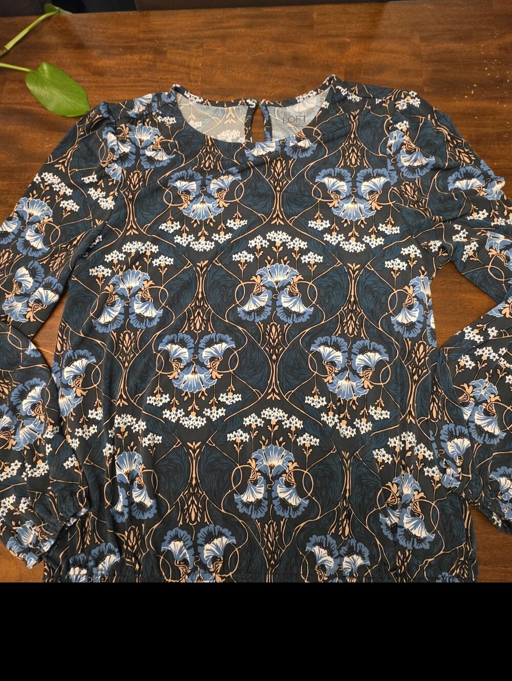 LOFT Outlet Blue Floral Scroll Print Long Sleeve Blouse Top